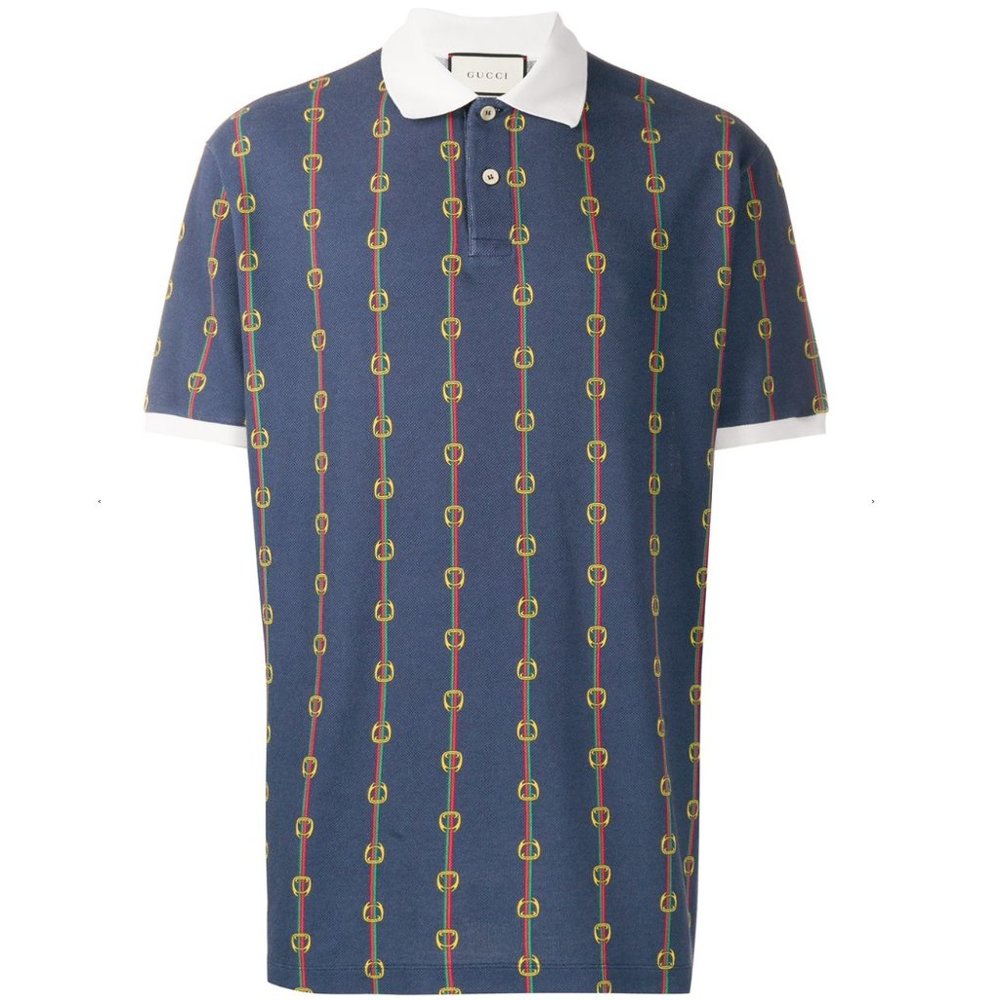 Gucci Horse-bit Chain Print Polo Shirt in Blue